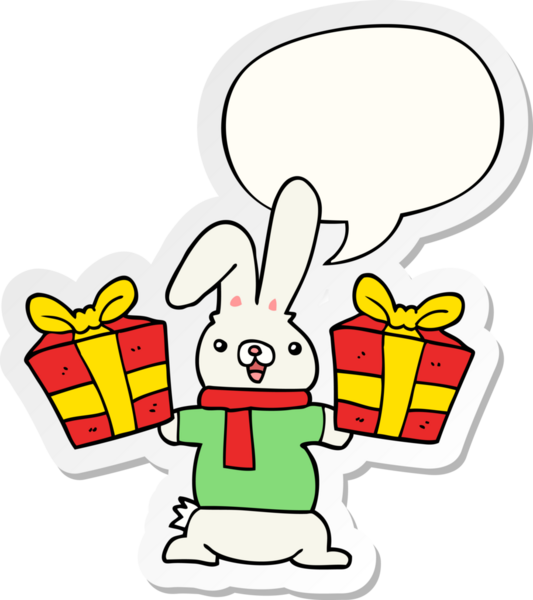 Bir insan tarafından çizilmiş konuşma balonu etiketli bir çizgi film tavşanı sunar.