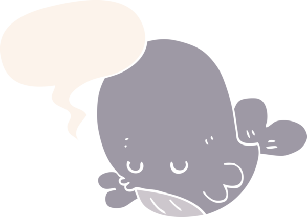 Konuşma baloncuğu olan çizgi film balinası insan tarafından çizilmiş.