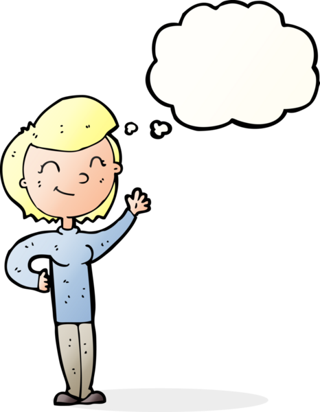 Bir insan tarafından çizilmiş düşünce balonlu, çizgi film dostu el sallayan kadın.