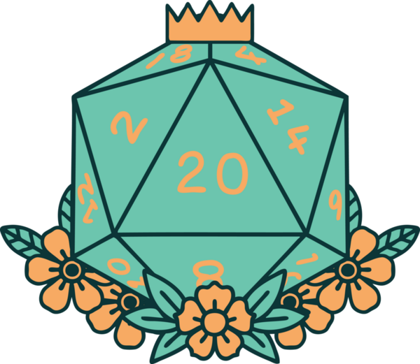 Retro Dövme Biçimi Doğal 20 D20 zar bir insan tarafından çizilmiş çiçek elementleriyle