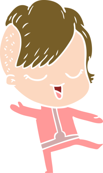 Bir insan tarafından çizilmiş mutlu düz renkli çizgi film kızı.