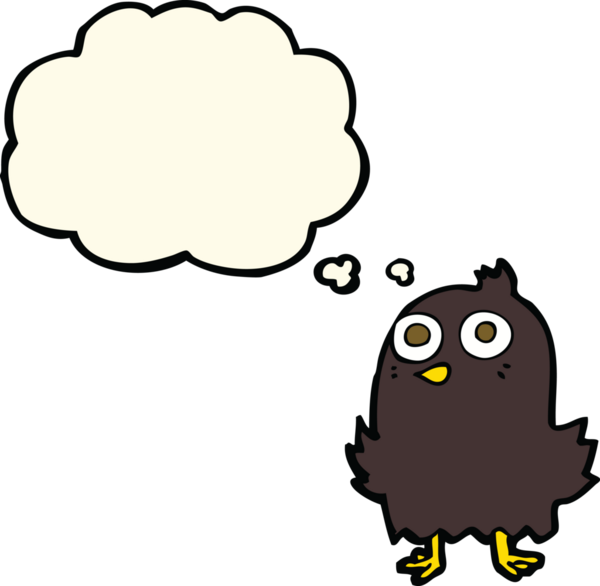 Bir insan tarafından çizilmiş düşünce baloncuklu komik çizgi film kuşu.
