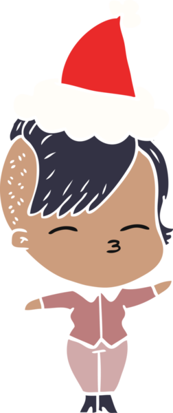 Bir insan tarafından çizilmiş Noel Baba şapkası giyen şaşı bir kızın el çizimi düz renk çizimi.