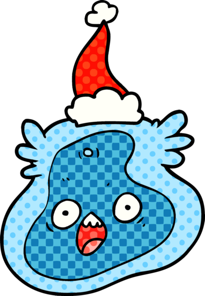 Bir insan tarafından çizilmiş Noel Baba şapkası giyen bir mikropun el çizimi çizgi roman çizimi.