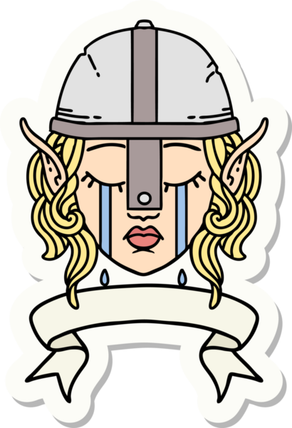 Ağlayan bir elf savaşçısı karakterinin çıkartması. İnsan tarafından çizilmiş bir pankartıyla.