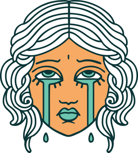 İkonik dövme stili. Bir insan tarafından çizilmiş ağlayan kadın yüzü.