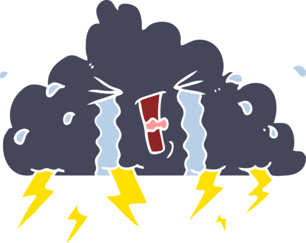 Bir insan tarafından çizilmiş düz renk çizgi film gökgürültüsü bulutu