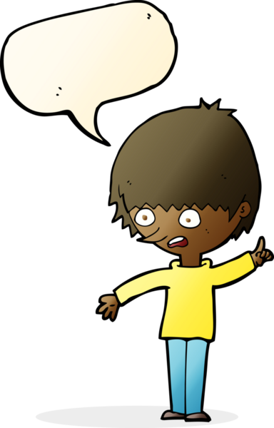 Bir insan tarafından çizilmiş bir konuşma balonuyla soru soran çizgi film çocuğu.