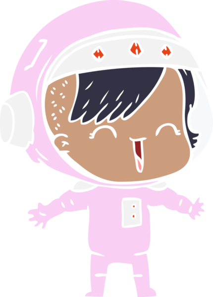 Düz renkli çizgi film. Gülen astronot kız bir insan tarafından çizilmiş.