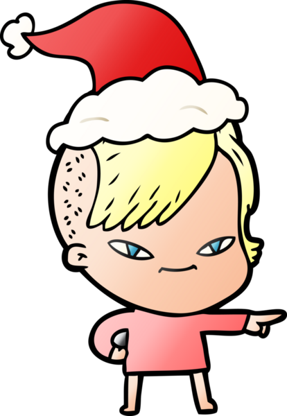 Hipster saç kesimli, Noel Baba şapkası takan bir kızın gradyan çizimi.