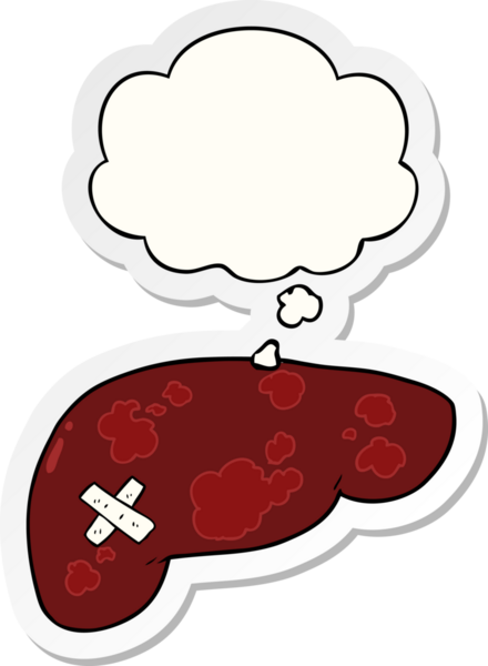 Düşünce baloncuğu insan tarafından çizilmiş bir çıkartma ile sağlıksız karaciğer çizgi filmi.