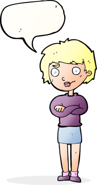 Bir insan tarafından çizilmiş konuşma baloncuğuyla rahatsız bir kadın.