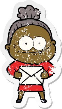 Bir insan tarafından çizilmiş mutlu, yaşlı bir kadının sıkıntılı çıkartması.