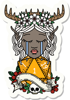 Ağlayan bir Elf Druid karakterinin çıkartması. Doğal bir D20 zarı bir insan tarafından çizilmiş.