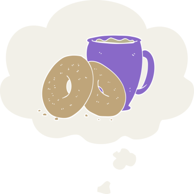 Düşünce baloncuklu çizgi film kahveyi ve çörekleri bir insan tarafından çizilmiş.