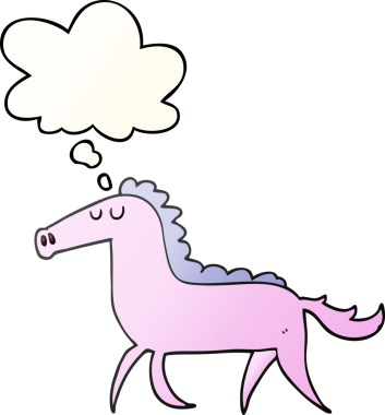 Düşünce baloncuğu olan çizgi film atı bir insan tarafından çizilmiş.