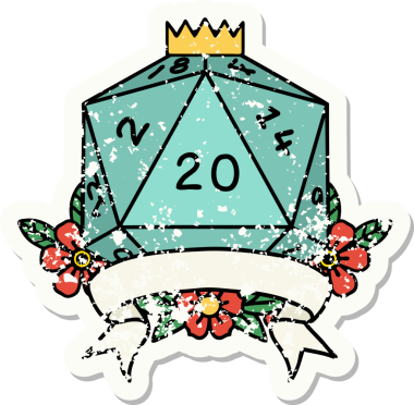 Bir insan tarafından çekilen 20 kritik vuruşluk D20 zar atımının grunge çıkartması.