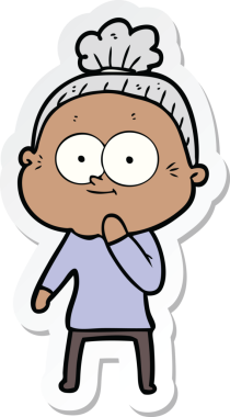 Bir insan tarafından çizilmiş mutlu yaşlı bir kadının çıkartması.