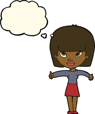 Bir insan tarafından çizilmiş düşünce baloncuğuyla baş parmağıyla işaret veren çizgi film kadını.