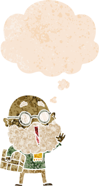 Komik sakallı ve kolunun altında düşünce baloncuğu olan neşeli çizgi film adamı bir insan tarafından çizilmiş dertli retro tarzı.