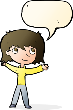 Bir insan tarafından çizilmiş konuşma balonlu mutlu kız çizgi filmi.