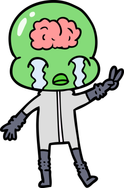 çizgi film büyük beyin uzaylı ağlayan ve bir insan tarafından çizilen barış işareti veren