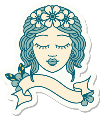 Bir insan tarafından çizilmiş bakire yüzlü dövme stili çıkartması.