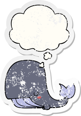 Düşünce baloncuğu olan karikatür balinası bir insan tarafından çizilmiş yıpranmış bir çıkartma.