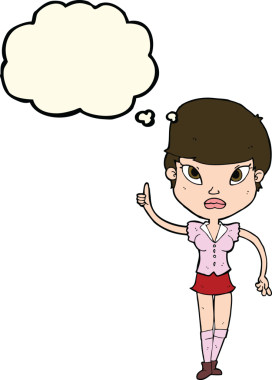 Bir insan tarafından çizilmiş düşünce baloncuğu fikri olan karikatür kadın.