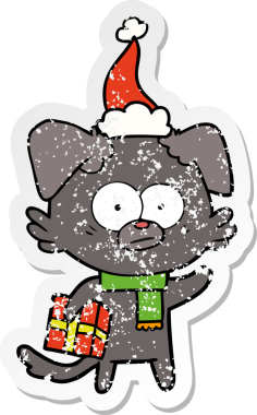 Sinirli köpek eli, bir insan tarafından çizilmiş Noel Baba şapkasıyla çizilmiş bir karikatür.