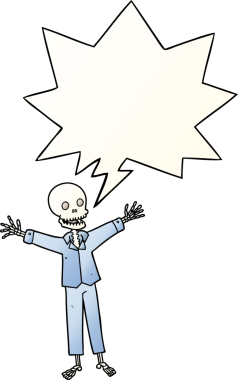 Çizgi film iskeleti, konuşma baloncuklu pijama giyerek bir insan tarafından çizilmiş düzgün bir gradyan stil.