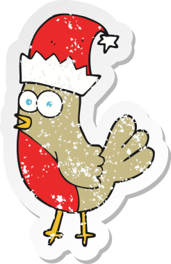 Bir insan tarafından çizilmiş noel şapkasındaki robin çizgi filminin gerilimli retro yapıştırması.