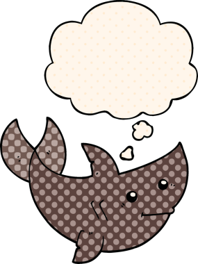 Çizgi roman tarzında bir insan tarafından çizilmiş düşünce baloncuğu olan çizgi film köpekbalığı.