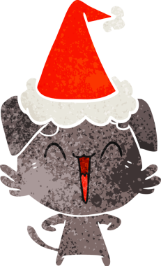 Mutlu küçük köpek eli insan tarafından çizilmiş eski bir Noel Baba şapkası çizimi.