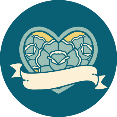 İkonik dövme stili bir kalp ve bir insan tarafından çizilmiş çiçekli pankart.