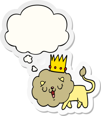 Düşünce baloncuklu taçlı çizgi film aslanı insan tarafından çizilmiş bir çıkartma.