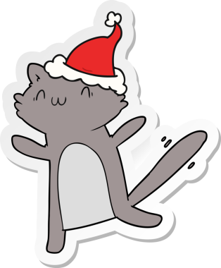 Bir insan tarafından çizilmiş Noel Baba şapkası giymiş dans eden bir kedinin el yazısı.