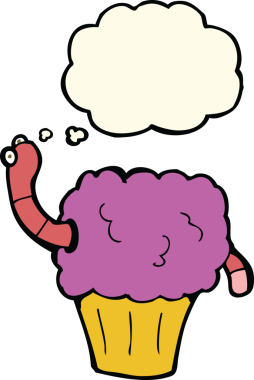 Bir insan tarafından çizilmiş düşünce baloncuklu kek içindeki çizgi film solucanı.