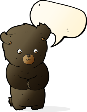 Bir insan tarafından çizilmiş konuşma balonu olan sevimli çizgi film kara ayısı.