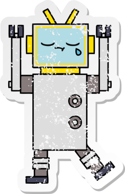 Bir insan tarafından çizilmiş ağlayan şirin bir çizgi robotun sıkıntılı çıkartması.