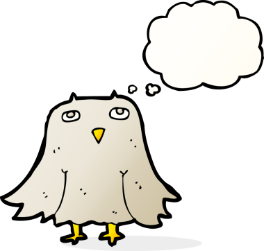 Bir insan tarafından çizilmiş düşünce baloncuklu çizgi film baykuşu