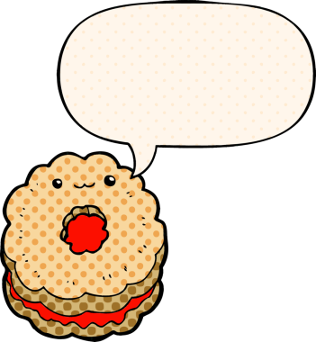 Bir insan tarafından çizilmiş çizgi roman tarzında konuşma baloncuklu çizgi film bisküvisi.