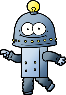 Bir insan tarafından çizilmiş ampullü mutlu karton robot.