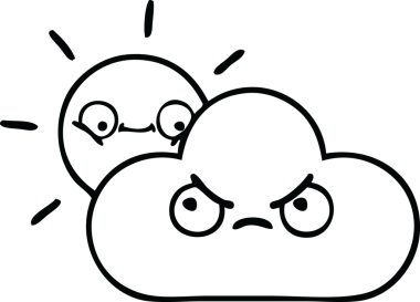 Bir insan tarafından çizilmiş fırtına bulutu ve güneş çizimleri.