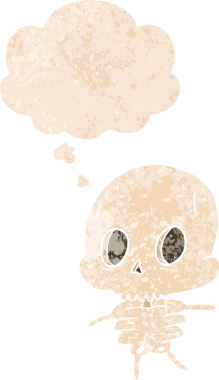 grunge 'da düşünce baloncuğu olan karikatür iskeleti bir insan tarafından çizilmiş tedirgin geçmiş dokular.