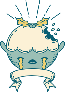 Dövme stili noel pudingi dövmeli parşömen bir insan tarafından çizilmiş ağlayan karakter.