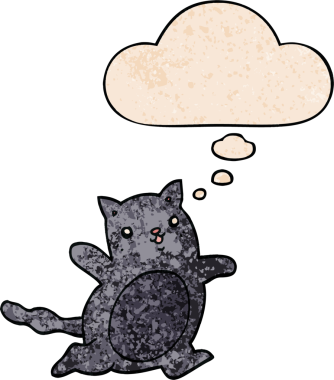 Bir insan tarafından çizilmiş grunge desenli düşünce baloncuklu çizgi film kedisi.