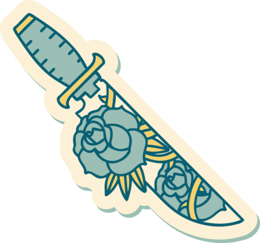 Geleneksel bir hançer stili dövme çıkartması ve bir insan tarafından çizilmiş çiçekler.