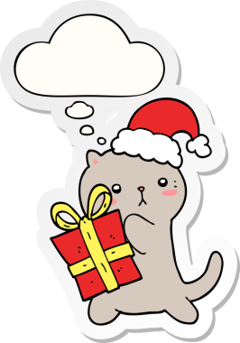 Bir insan tarafından çizilmiş bir çıkartma olarak düşünce baloncuğu taşıyan sevimli çizgi film kedisi.