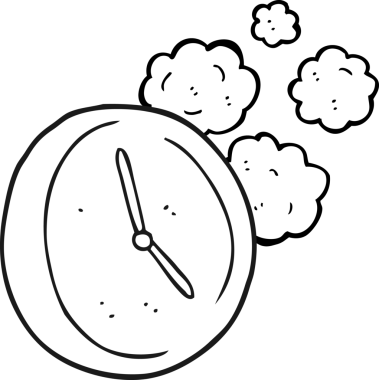 Bir insan tarafından çizilmiş siyah beyaz çizgi film saati.